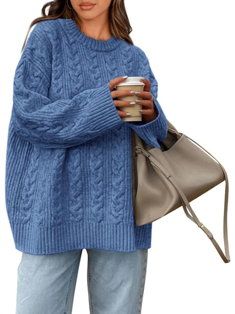 Women's Blue Cozy Soft Chunky Textured Knit Crewneck Oversized Fashion Sweaters